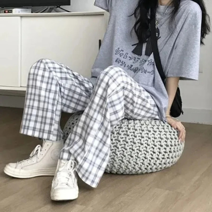Spring Plaid Sports Casual Straight Pants Womens Korean Version Loose Wide Leg Trend 250106