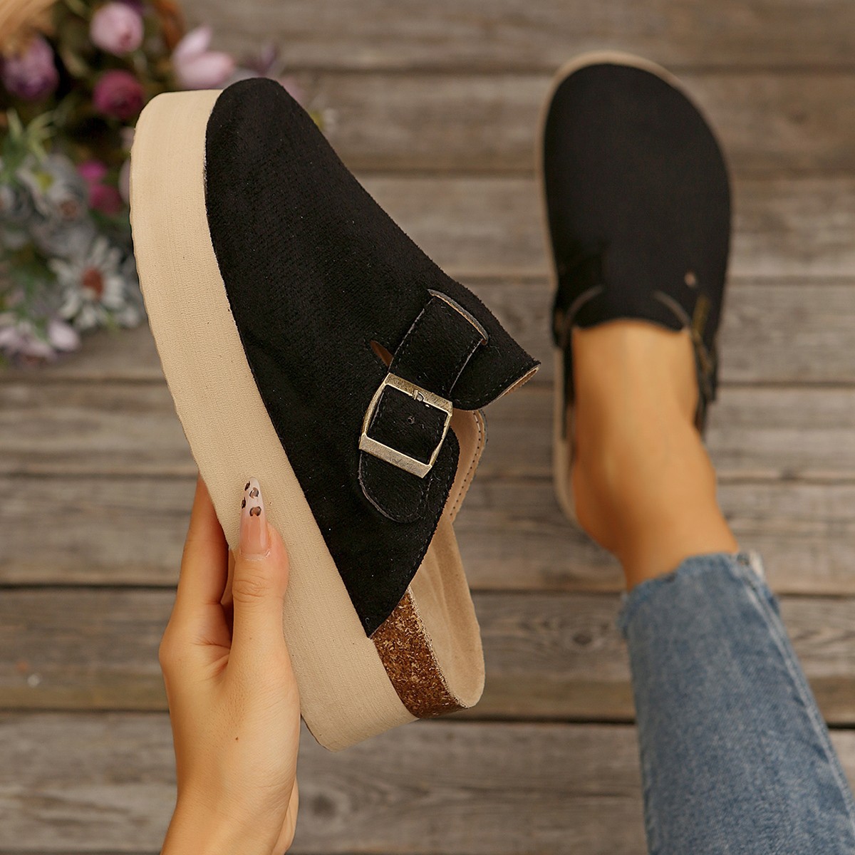 New Design Style Fashion Thick Platform Buckle Closure Closed Toe Mules for Women Plus Size 35-43 Casual Versatile Height Increasing Slippers Khaki Pi