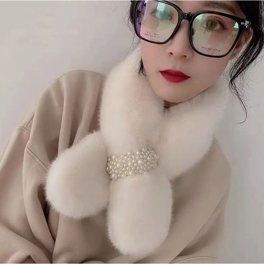 Women Winter Warm Thicken Elegant Pearl Cross Collar Scarf Solid Color Faux Rabbit Fur Plush Elegant Shawl Scarfs 250928