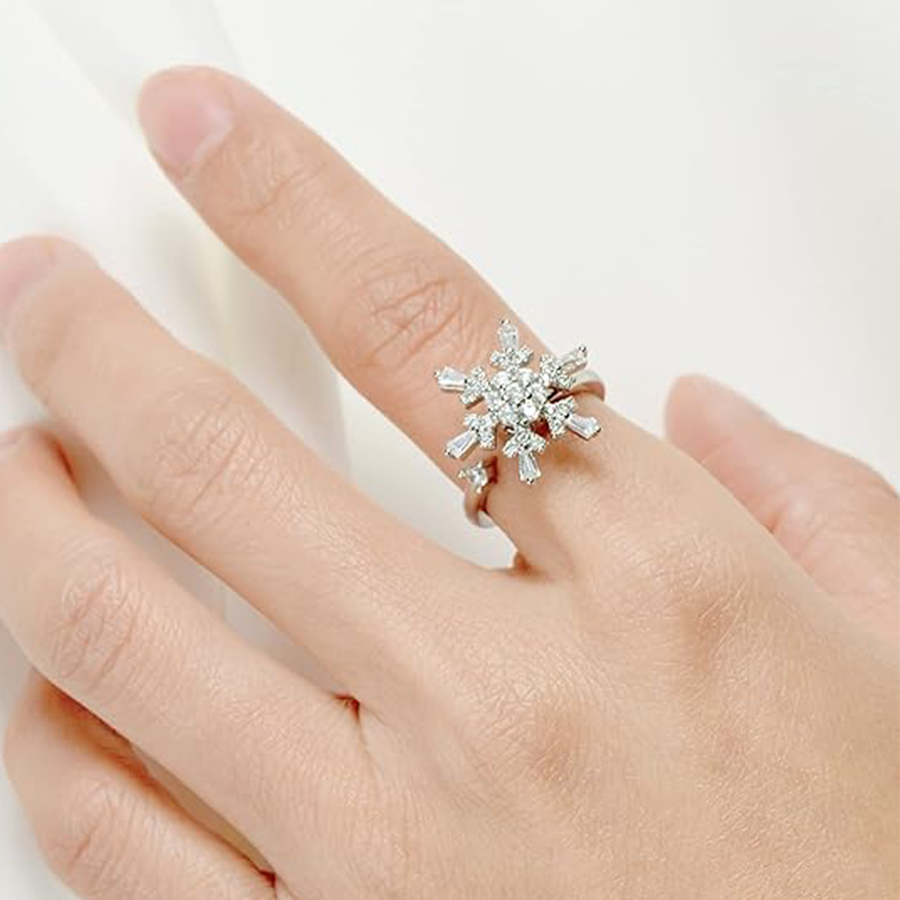 Fidget Anxiety Rings Rotatable Stress Relief Bead Ring Size Adjustable Open Design Ring Spinner Inlaid Cubic Zirconia Snowflake Shape Ring Jewelry for