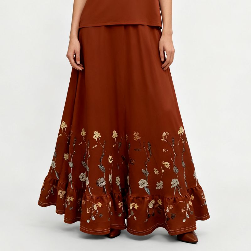 Women's Spring Summer Floral Print Ruffled Hem Midi Skirt - Elegant Vacation Light Brown Skirt-CF52851