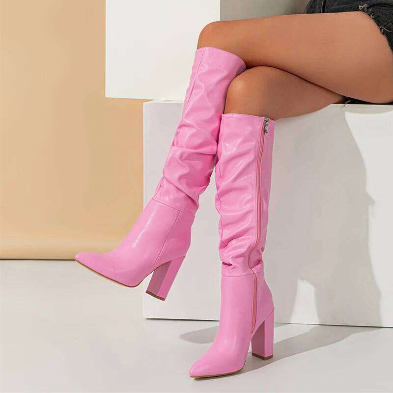 Liyke Winter Street Fashion Pleated Leather Pink Knee High Boots Women Sexy Long Zip Pointed Toe Square Heels Stripper Shoes