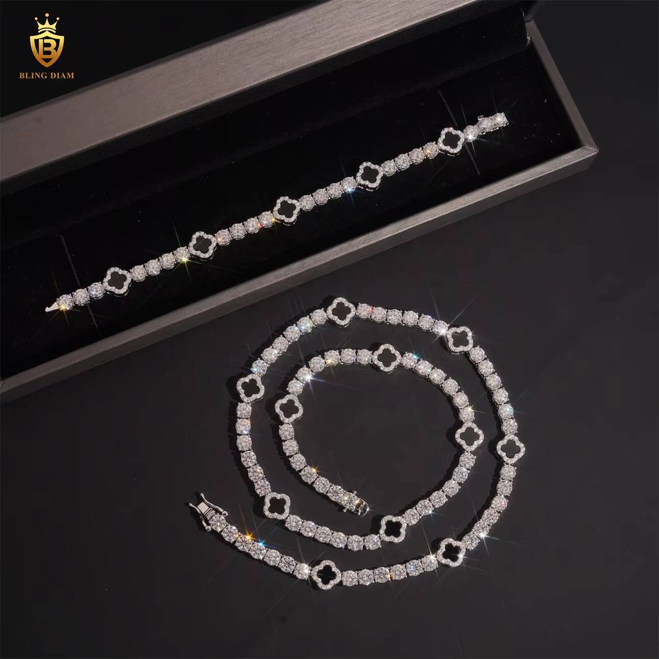 Sterling Silver 925 D Color VVS Miossanite Diamond GRA Certificated Hip Hop Fine Jewelry FourLeaf Clover Tennis Chain Bracelet