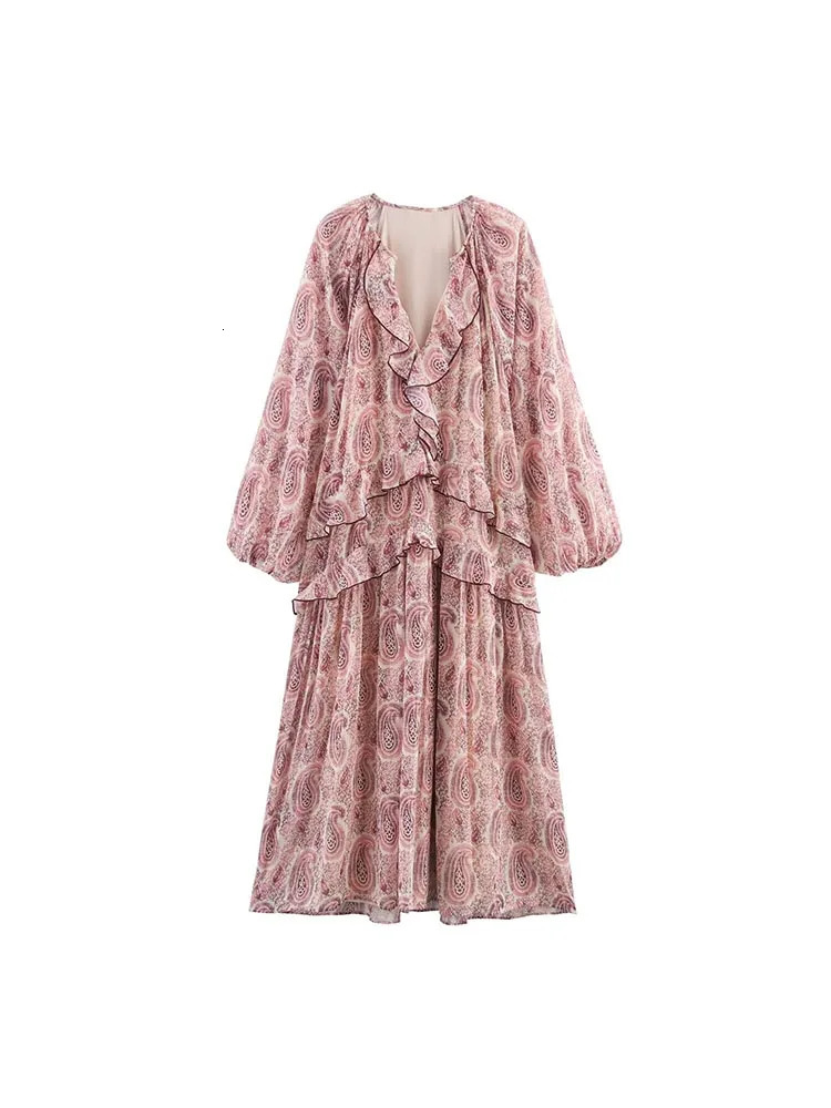 2025 Women Summer MIDI Dress Vintage Print Chiffon VNeck Cascading Ruffle Long Sleeve Female Elegant Street Dresses Clothing 250811A