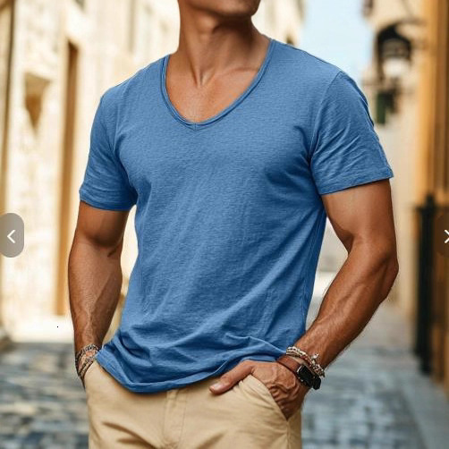 Summer mens new pure color slub cotton Vneck short sleeve Tshirt pure cotton mens wear 250110