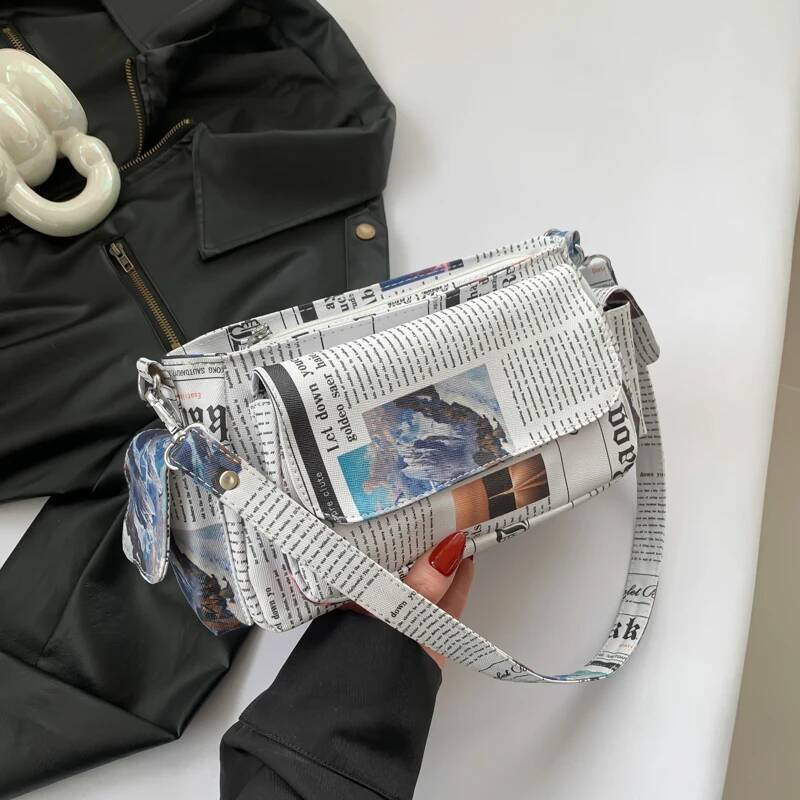Newspaper Korean Style Shoulder Bag For Women Retro Letter Printing Pu Leather Underarm Handbag Shopper Armpit Purse high-quality