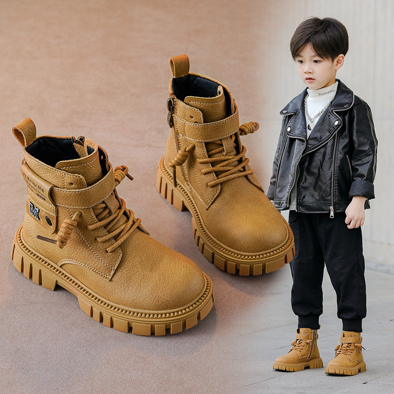 Autumn and winter new men's Martin boots, casual children's short boots, Korean style trendy little boys' leather cotton boots, designe