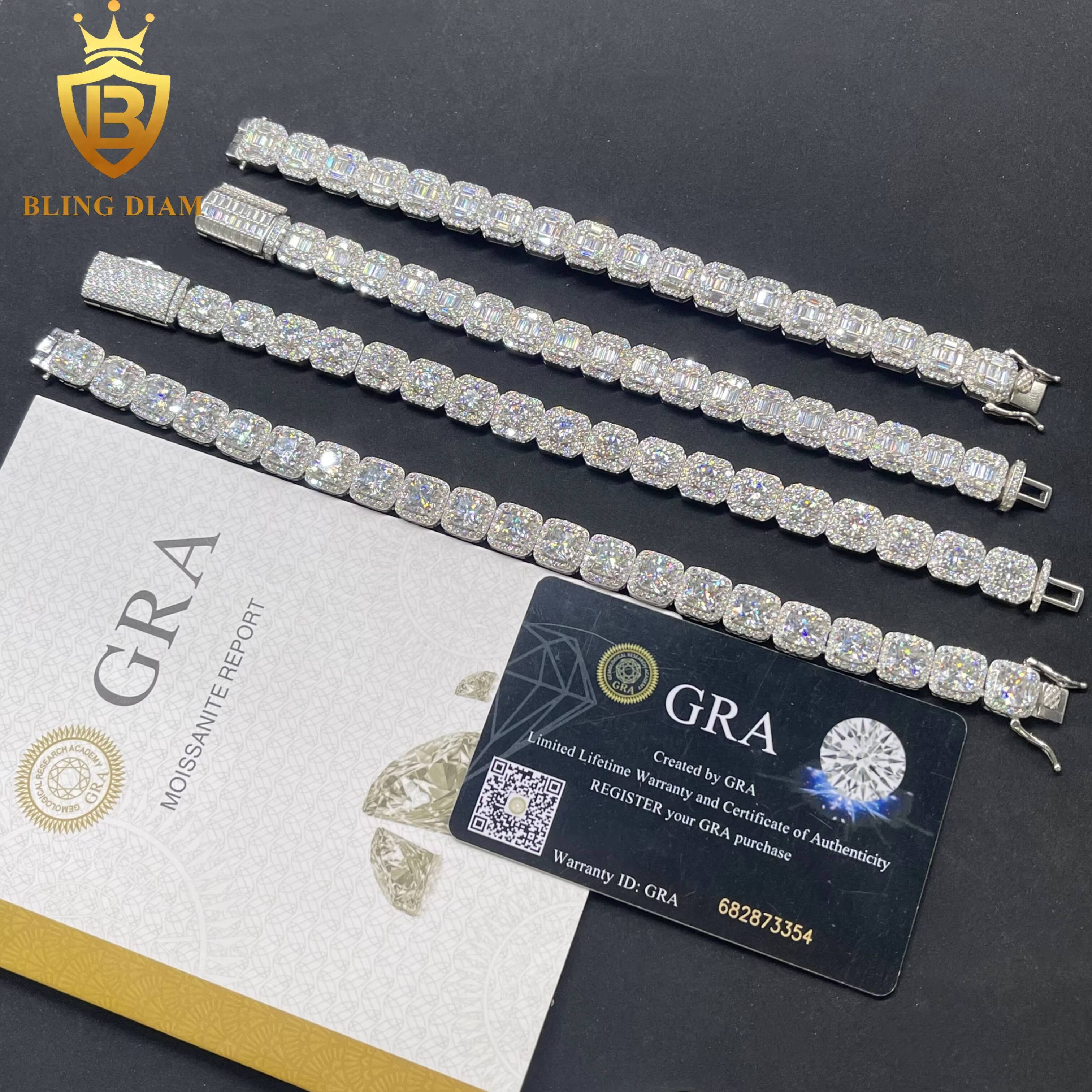 Cluster Iced Out Tennis Chains Baguette Hip Hop Jewelry 925 Silver Vvs Moissanite Gra Certificate Square Bracelet