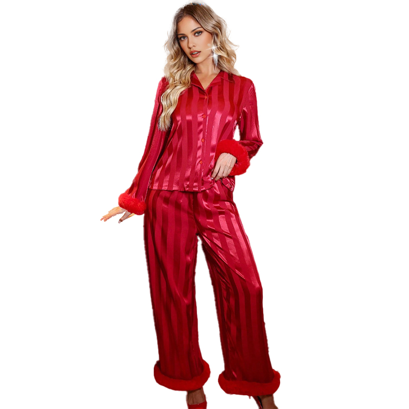 2025 New Women's Spring/Fall Silk Satin Fleece-Lined Cuff Striped Long-Sleeve Pajama Set with Pants