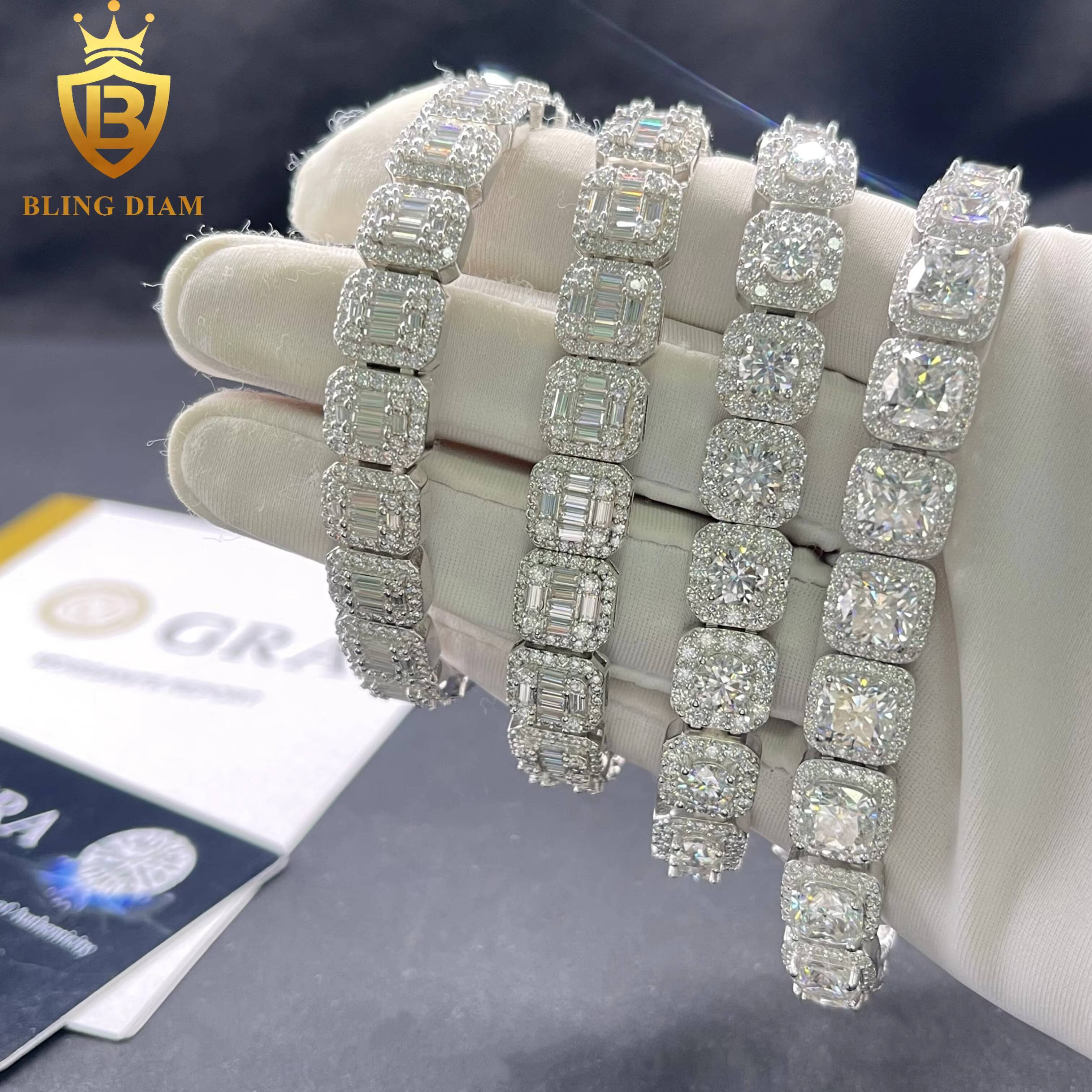 Cluster Iced Out Tennis Chains Baguette Hip Hop Jewelry 925 Silver Vvs Moissanite Gra Certificate Square Bracelet