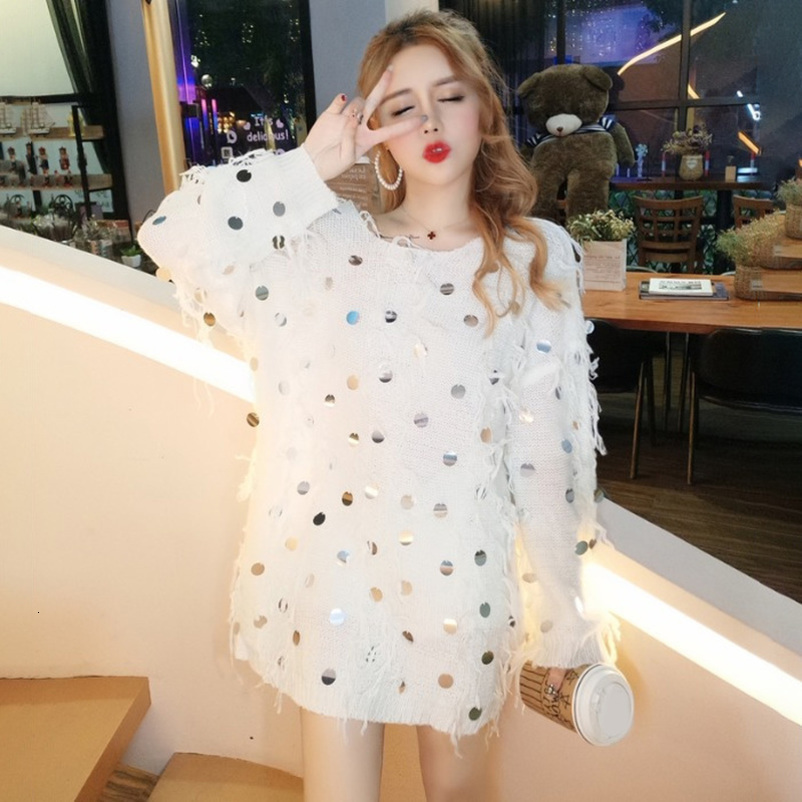 MATAKAWA Sequined Tassel Women Pullover Mid-length Knitted Sweaters Woman Spring Korean O-Neck Sweater Long-sleeved Loose Tops 210513