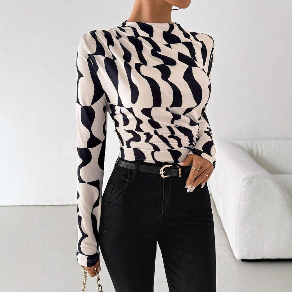 2025 Autumn Winter New Small Stand Collar Ruched Edge Printed Slim Fit Slimming Top for Women