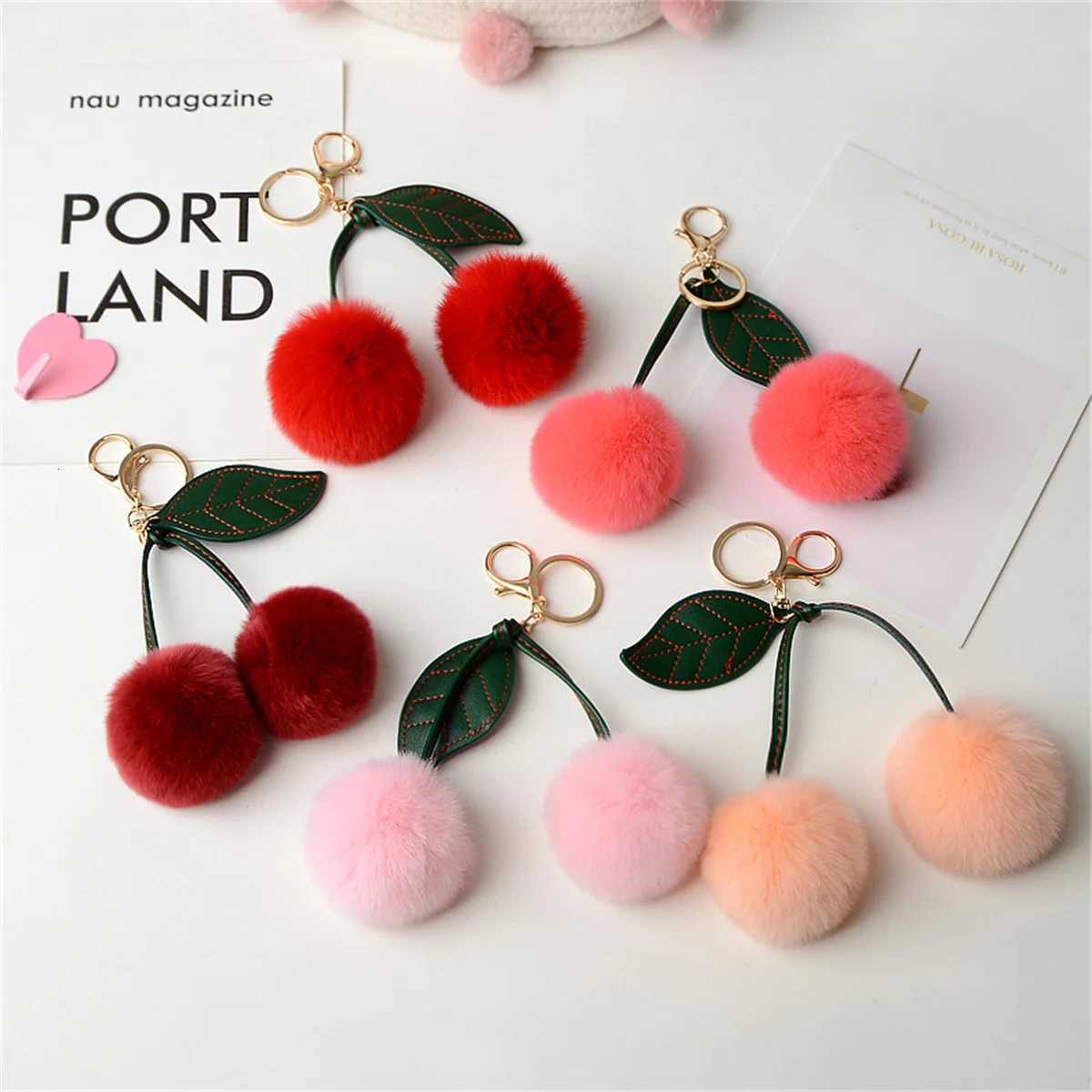 Cute Cherry Plush Toy Keychain New Kawaii Fluffy Cartoon Keychain Kid Gift Womens Bag Charm Pendant Backpack Car Key AccessoryXJ250928