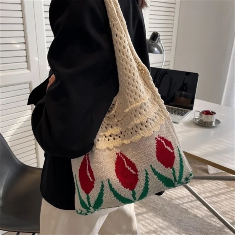 Tulip Knitted Bag Retro Flower Shoulder Woolen Braid Handbag Fashion Art Chic Summer Holiday Tote Bags for Women 240820ZYl