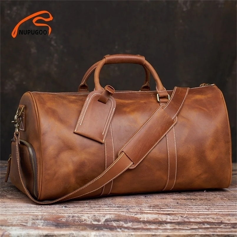 Vintage Mens Travel Bag Genuine Leather Hand Luggage Boston Duffle Large Capacity Shoulder For 16 Inch Laptop NUPUGOO 240819ZYl