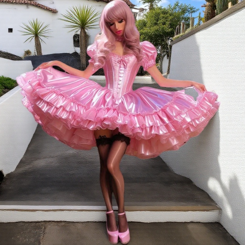 Fantasy Puffy Ball Gown Prom Dresses Ruffles Pink Lolita Party Special Occasion Dress Short Sleeves Satin Corset Pageant Gown