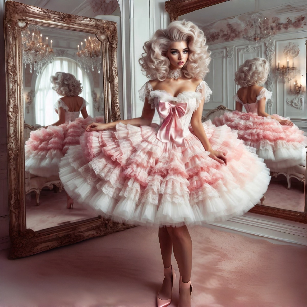 Fantasy Ruffles Lolita Prom Dresses Tiered Skirt Pink And White Sweetheart Tulle Short Knee Length Birthday Party Ball Gown Pageant Special Occasion W