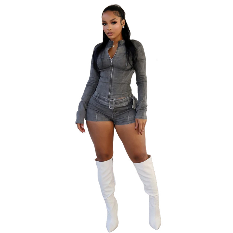 Women Tracksuits Two Pieces Set 2025 New Denim Shorts Set Long Sleeve Elastic Shorts Belt Set 4 Colors