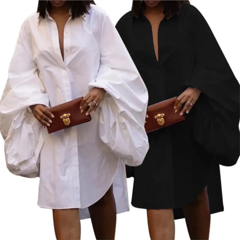 Womens fashionable Vneck solid color long sleeved dress womens loose short 250407