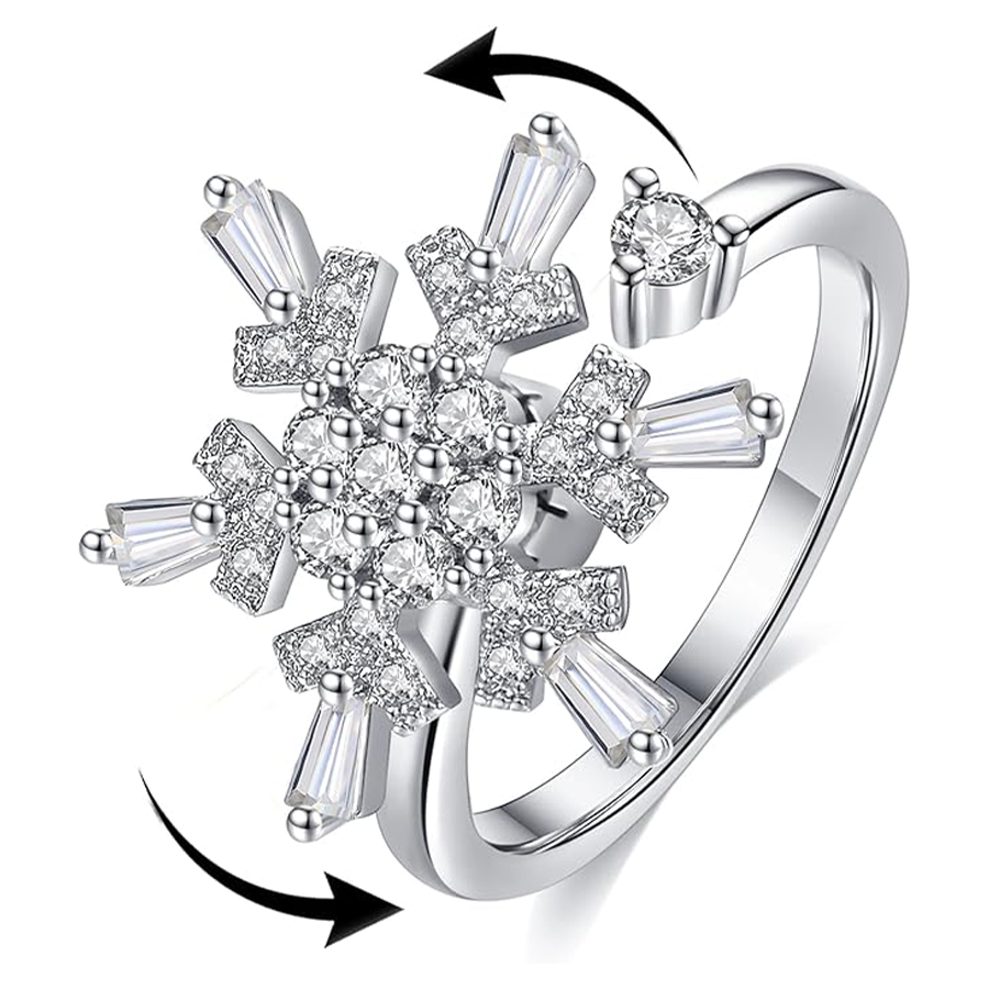 Fidget Anxiety Rings Rotatable Stress Relief Bead Ring Size Adjustable Open Design Ring Spinner Inlaid Cubic Zirconia Snowflake Shape Ring Jewelry for