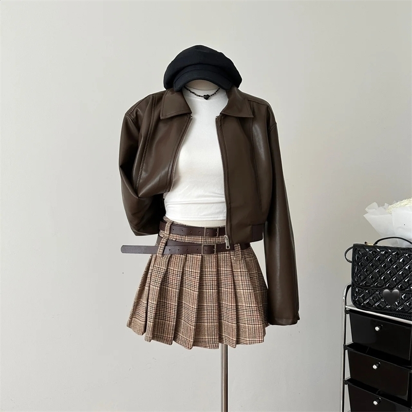 Autumn Winter Retro Solid Leather Jacket Lapel Collar Office Lady Long Sleeve Coats Outerwear BF High Street Cyber Y2k 240723