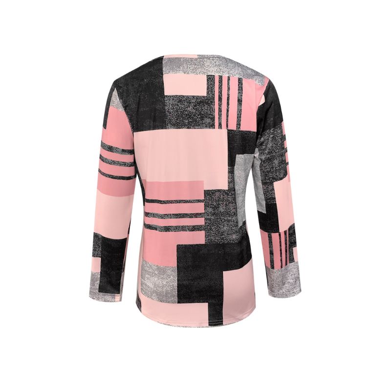 Women's Long Sleeve Notch V-Neck Geometric Plaid Print Top - Vintage Autumn Winter Casual Versatile Pink T-Shirt-CF40571