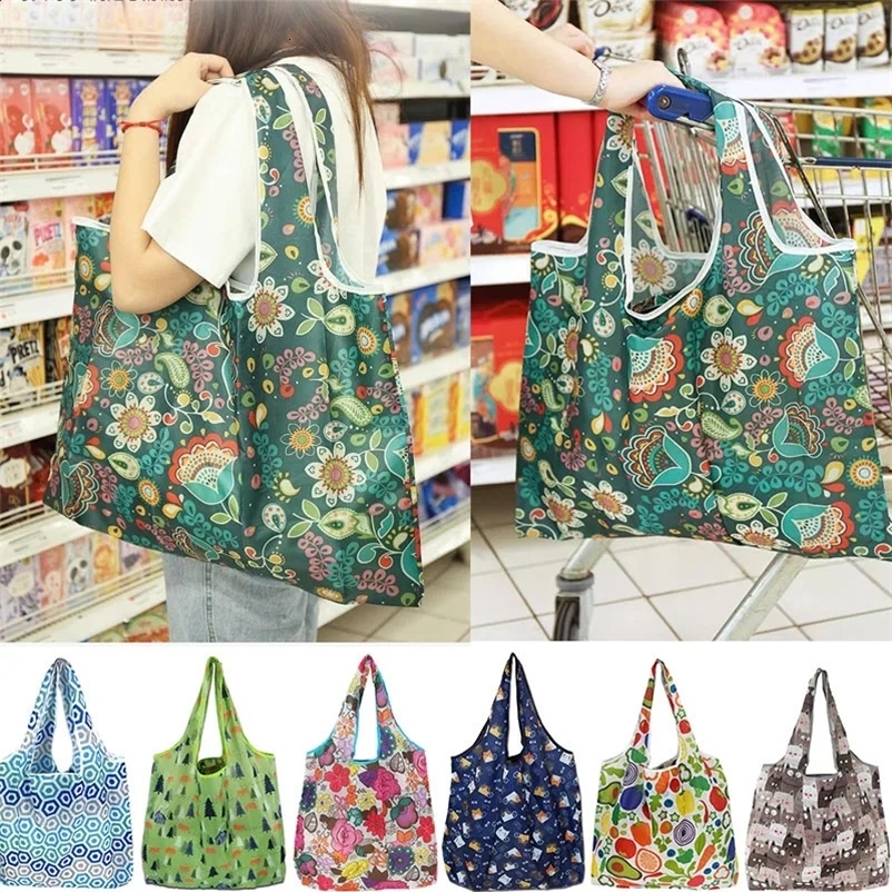 Tote Bags Flower Print Womens Grocery Handbags Outdoor Foldable Shopper Eco Shopping Bag Reusable Storage Organizer 241011Zl