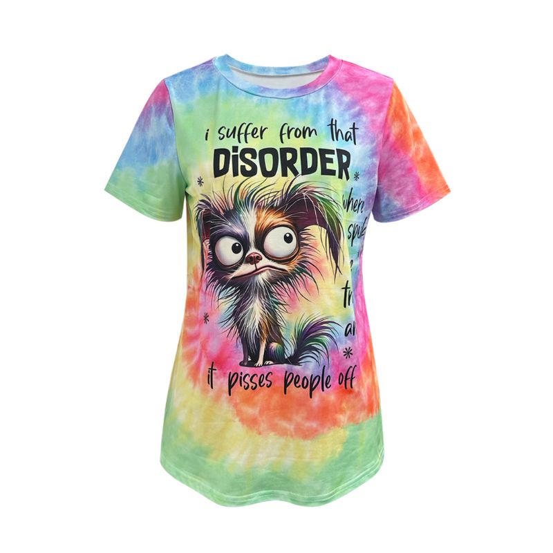 Women's Tie-Dye Cartoon Dog Graphic Print Short Sleeve Top - Summer Casual Vacation Style T-Shirt-CF50142