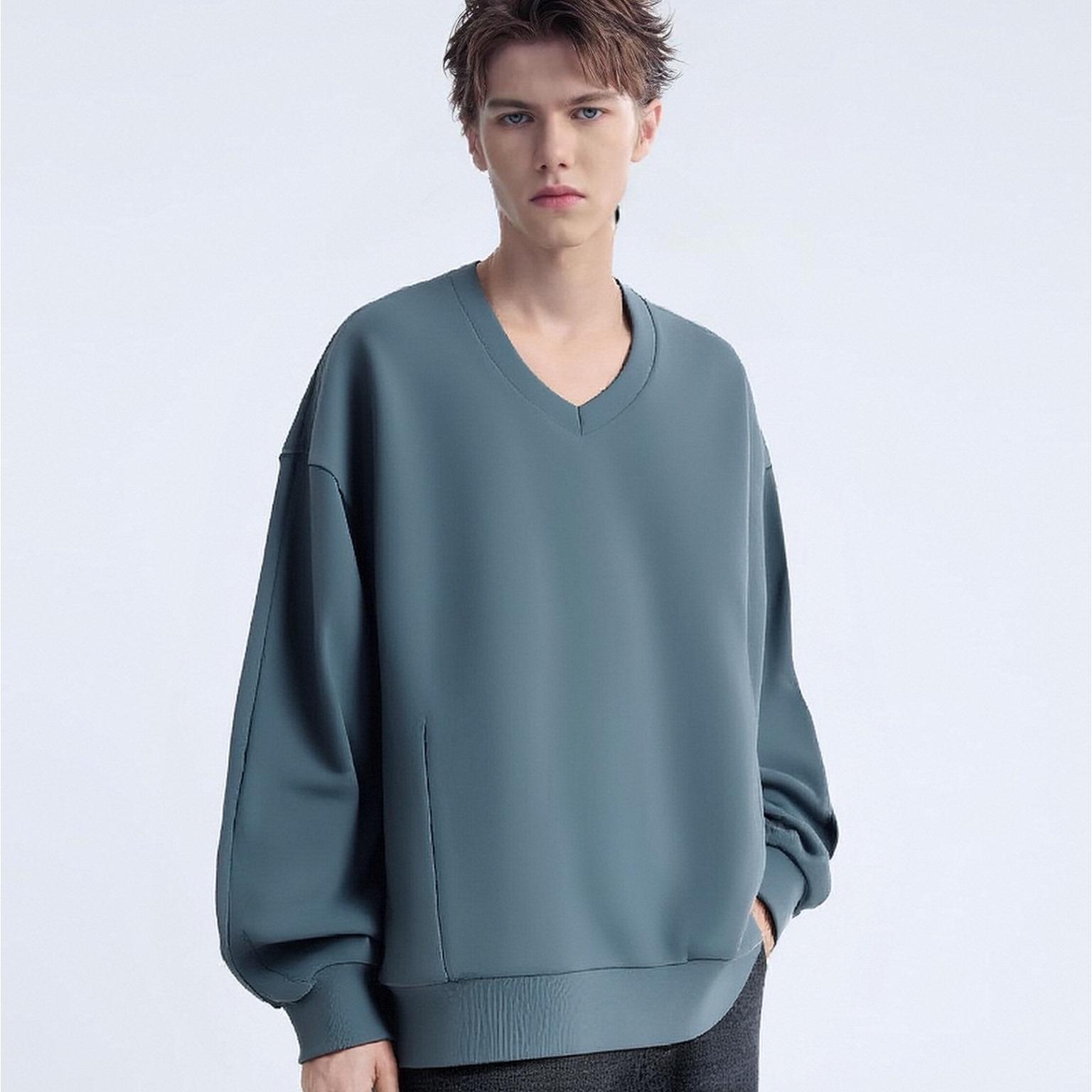 Solid Color V-Neck Hoodie - Loose American Retro Casual Top for Autumn & Winter, Unisex, Customizable Pattern-02006