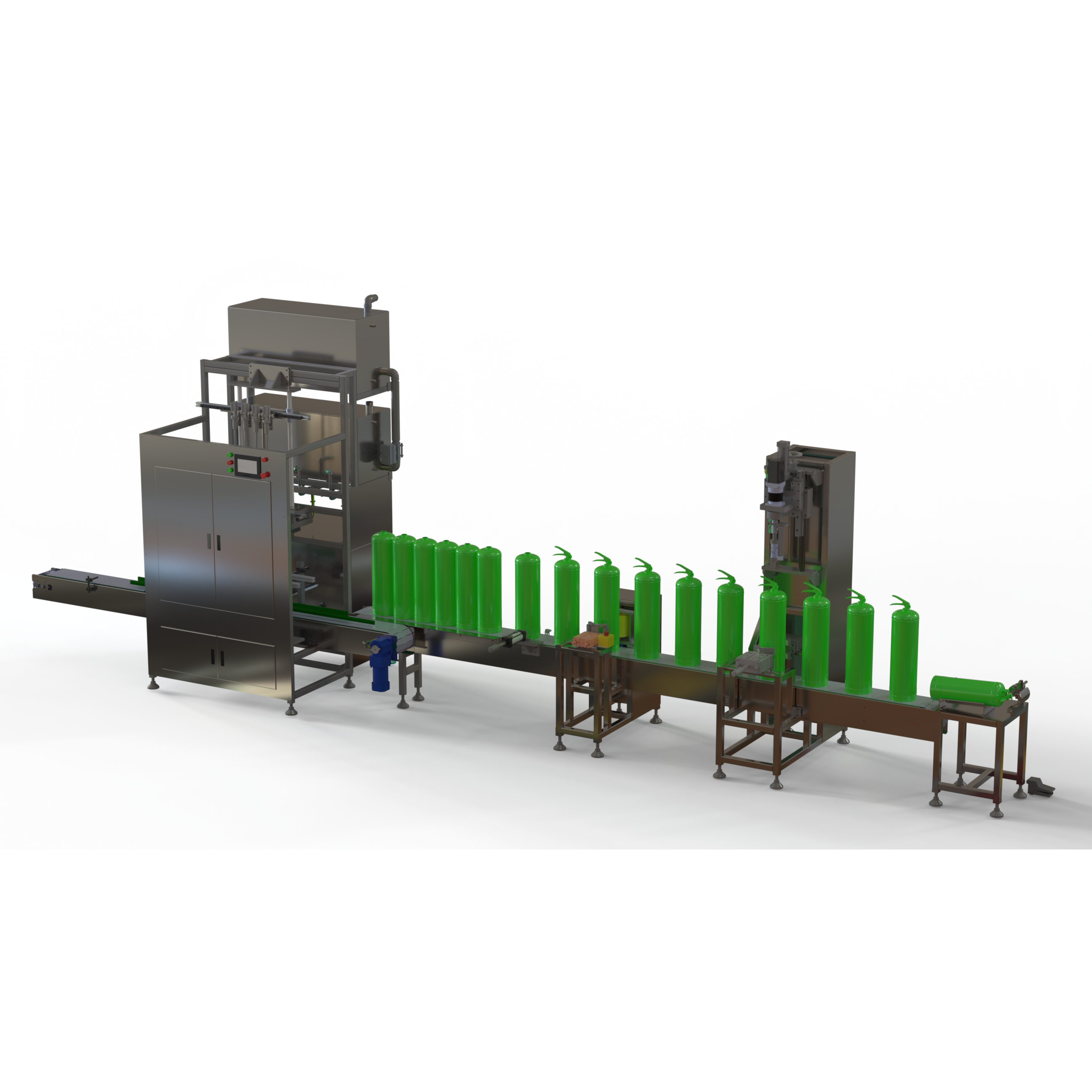 Four-station water-based fire extinguisher filling includes functions such as filling and handle tightening