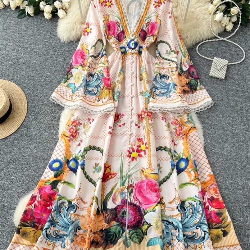 Elegant Floral Long Maxi Dresses Shirt Women Lantern Full Sleeve National Trench Print Single Breasted Lace Neck Party Vestidos 250322