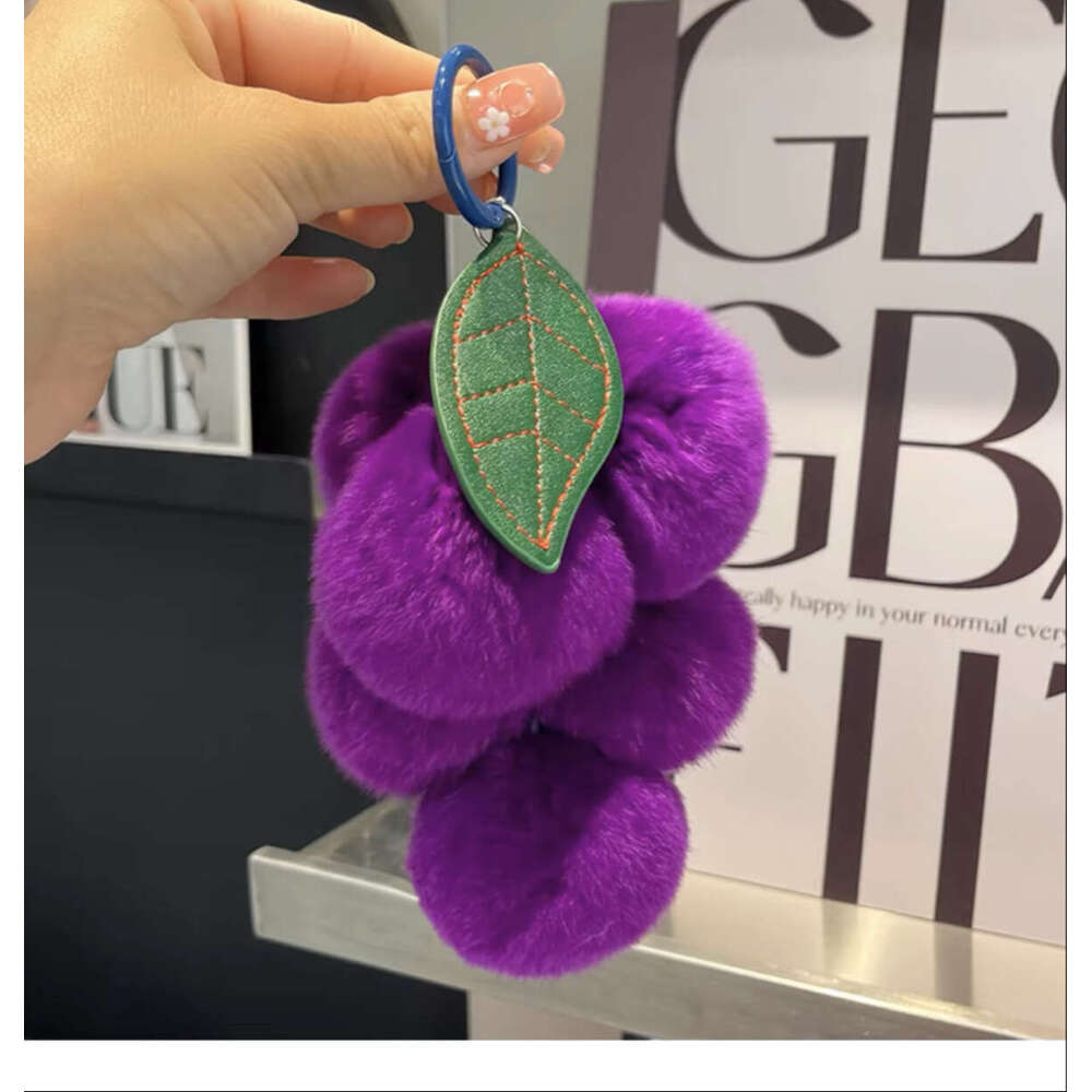 Purple Faux Rex Rabbit Fur Bag Charm, Plush Pendant, Grape Car Keychain Accessory