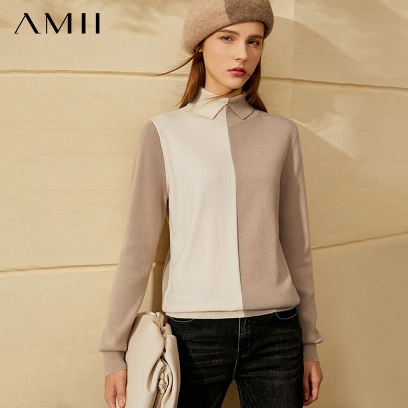 Amii Minimalism Autumn Winter Simple Women's Sweater Causal Lapel Patchwork Knitted Sweaters For Women Pullover Tops 1348 201023