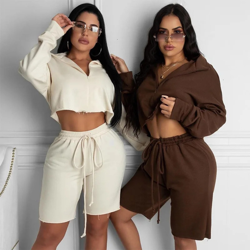 2 Pcs Women Solid Color Outfits Adults Casual Style Long Sleeve Stand Collar Crop Top Shorts with Drawstring Trouser Clothes 240226wtt