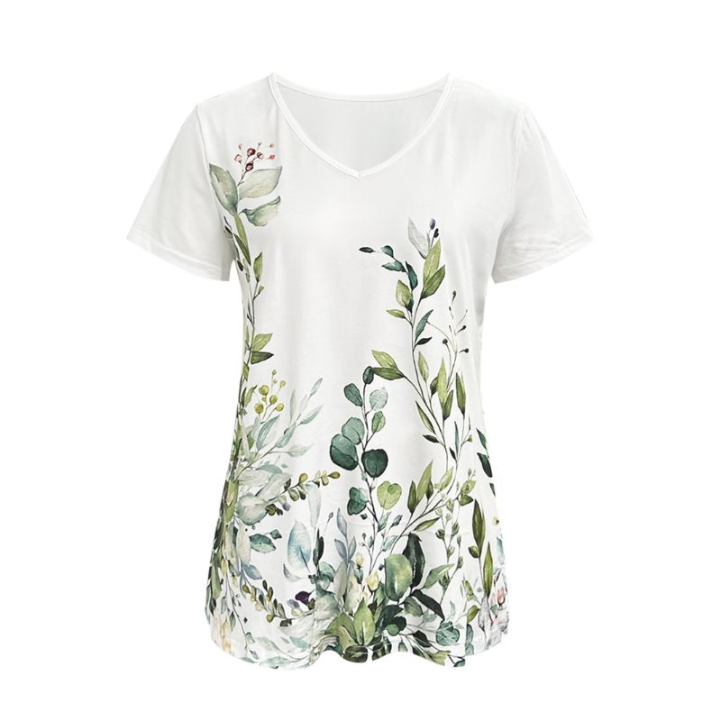 Women's V-Neck Short Sleeve Floral Leaf Print Casual T-Shirt-CF25495