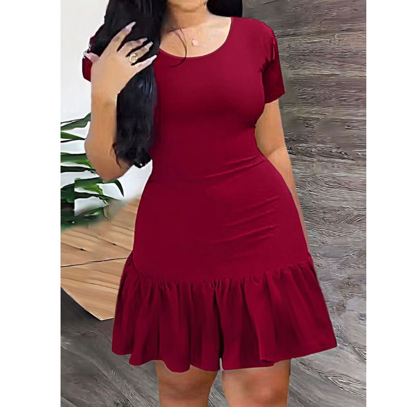 Women's Short Sleeve Solid Red Ruffled Hem Dress - Milk Silk French Elegant Casual Dress-CF52791