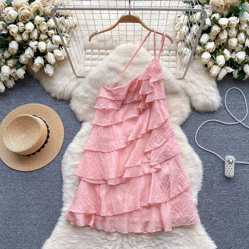 Summer Dress Women Diagonal Collar Flounced Edge Tierred Vocation Vestidos Female Exposed Shoulders Dresses Drop 240628