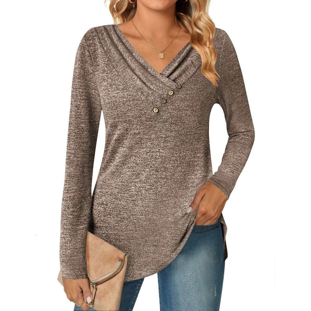 Autumn Winter T-shirt Brushed French Velvet Long Sleeve V-neck Button Tops Women's Clothing