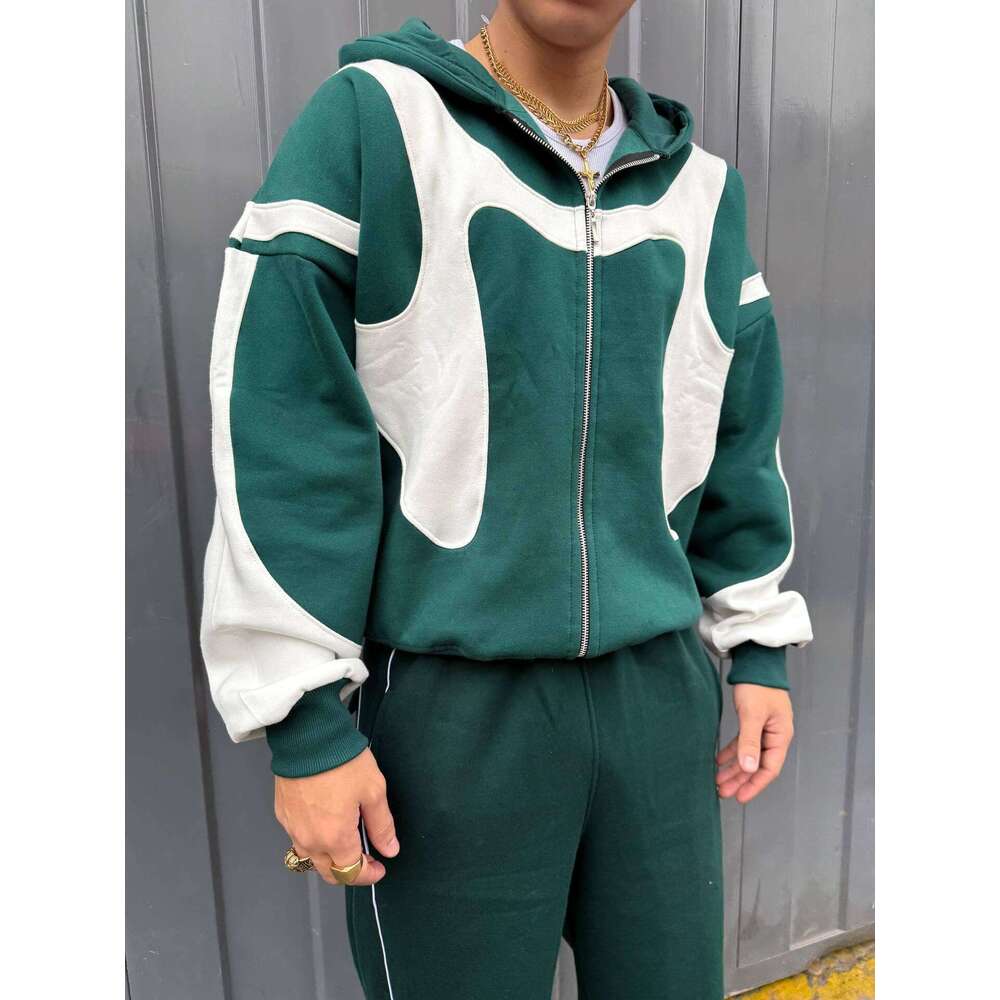 Winter New Color-Block Patchwork Hooded Sweatshirt Men's Fashion Casual Zipper Cardigan Jacket