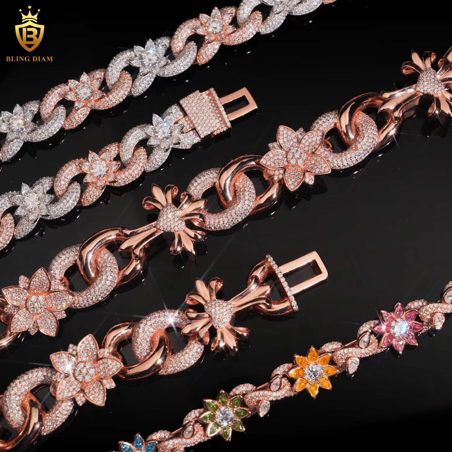 Fashion Jewelry 925 Sterling Silver Hip Hop Iced Out VVS Moissanite Diamond 16mm 20MM Flower Cuban Link Chain Necklace