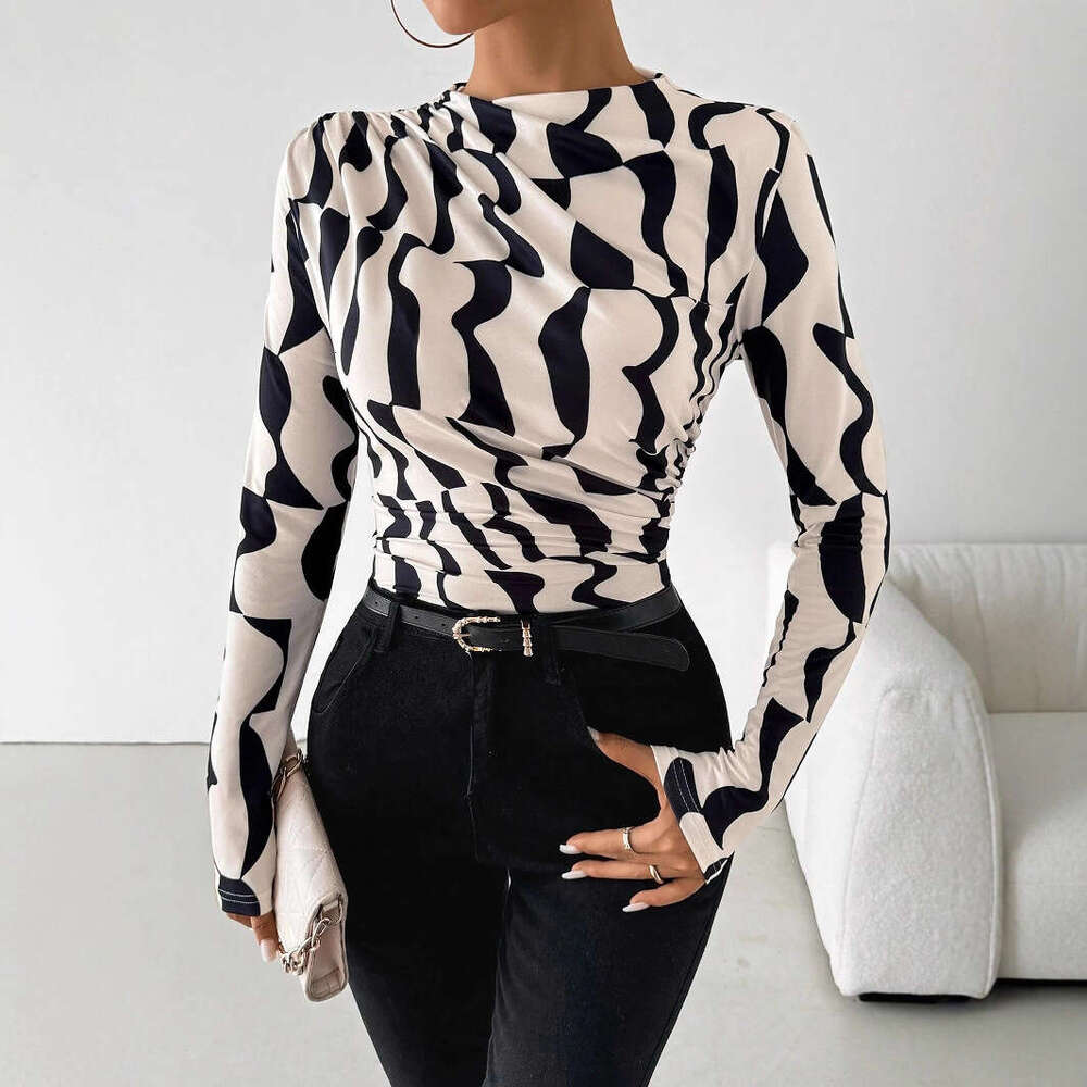 2025 Autumn Winter New Small Stand Collar Ruched Edge Printed Slim Fit Slimming Top for Women