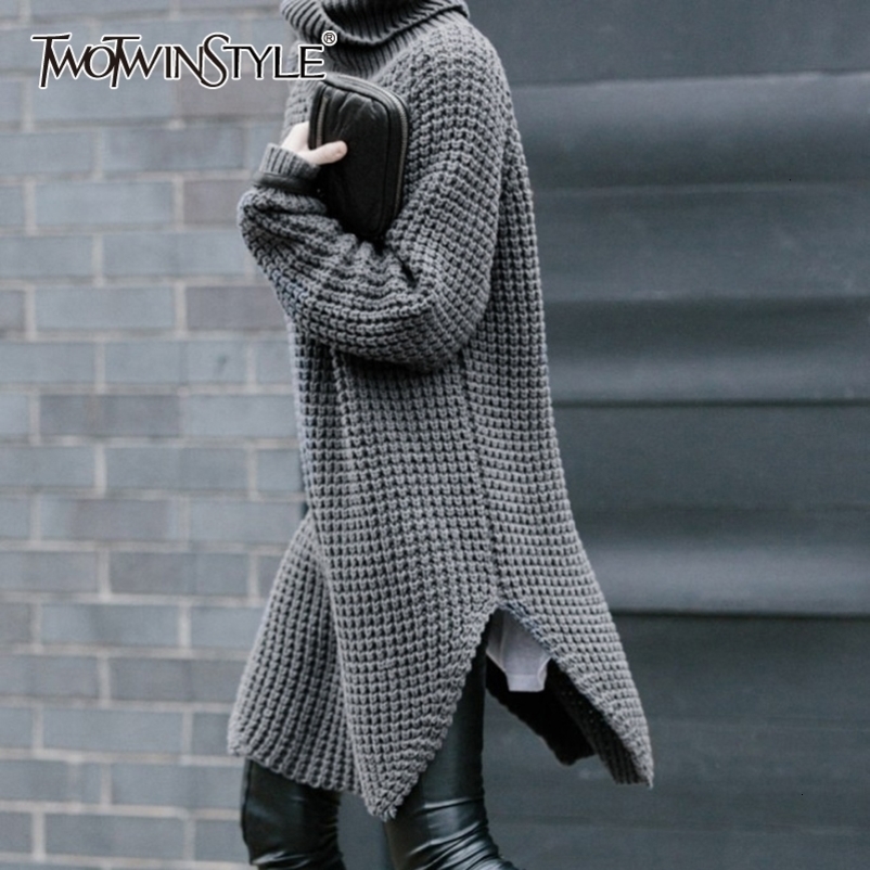 TWOTWINSTYLE Korean Side Split Women's Sweater Turtleneck Long Sleeve Warm Thick Female Sweater Autumn Winter Fashion New 201023