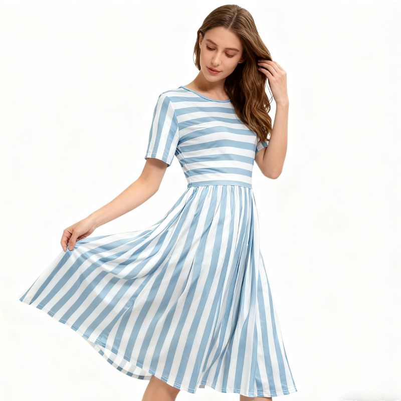 Women's Short Sleeve Striped Midi Dress - Minimalist French Elegant Dress for Outing & Party-CF50800
