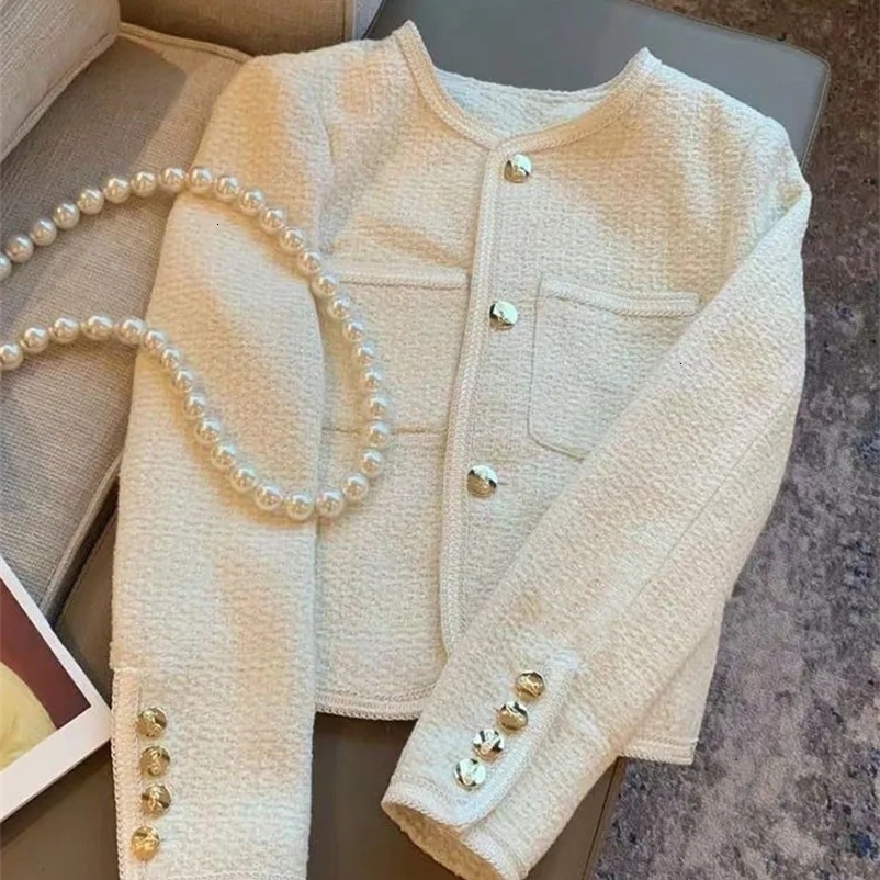 Women O-neck Tweed Cropped Woolen Jackets Korean Single Breasted Wool Blend Tops Coats Spring Fall Casual Short Chic Abrigos 240712