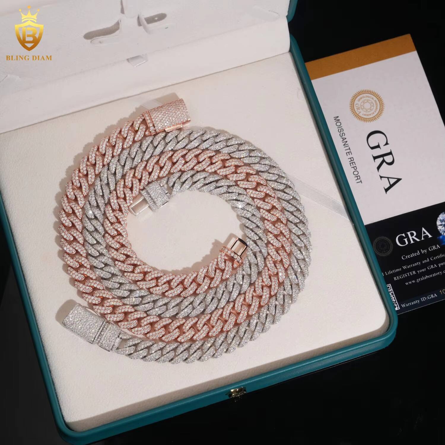 Wholesale Price Solid Silver 925 Rose Gold Cuban 10mm 12mm 13mm Iced Out VVS Moissanite Cuban Chain Necklace