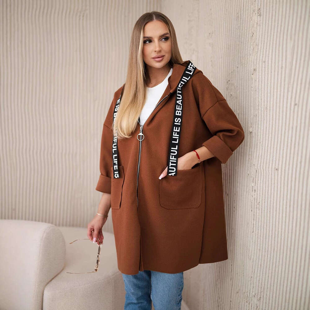 Autumn Winter New Hooded Sports Women's Plus Size Solid Color Casual Long Sleeve Zipper Woolen Coat