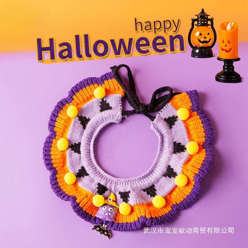 Pet Bib Dog Cat Collar Decoration Neck Warmer Knitted Hat Halloween Pumpkin Costume