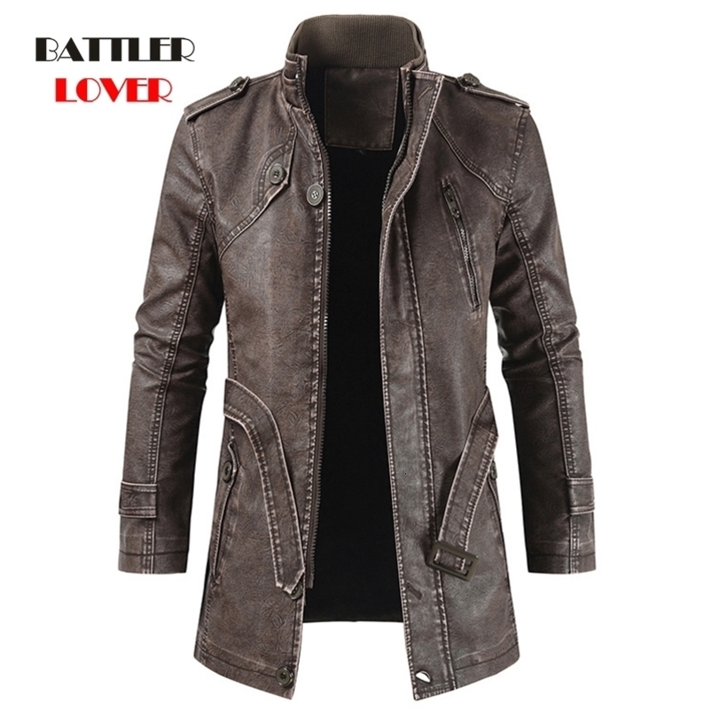 Men Winter Thick Fleece Leather Jacket Coat Long Outwear Fashion Warm Casual Vintage Clothing for Male Steampunk Biker Jacket 201119wtt