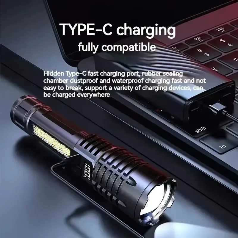 High Power LED Flashlight Powerful TYPEC Rechargeable COB Flashlight With Side Light Torch For Outdoor Camping Hiking D2509281