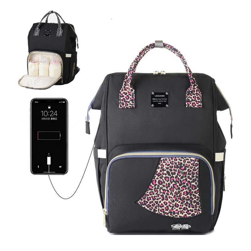 LEQUEEN Oxford Cloth Waterproof Mother and Baby Backpack Large Capaci USB Design Mommy Bag Leopard Prints Baby Diaper BagXJ250928